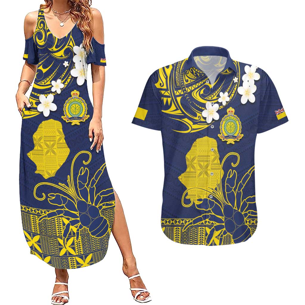 Niue Independence Day Couples Matching Summer Maxi Dress and Hawaiian Shirt Hiapo Pattern Fiti Pua and Uga LT03 Yellow - Polynesian Pride