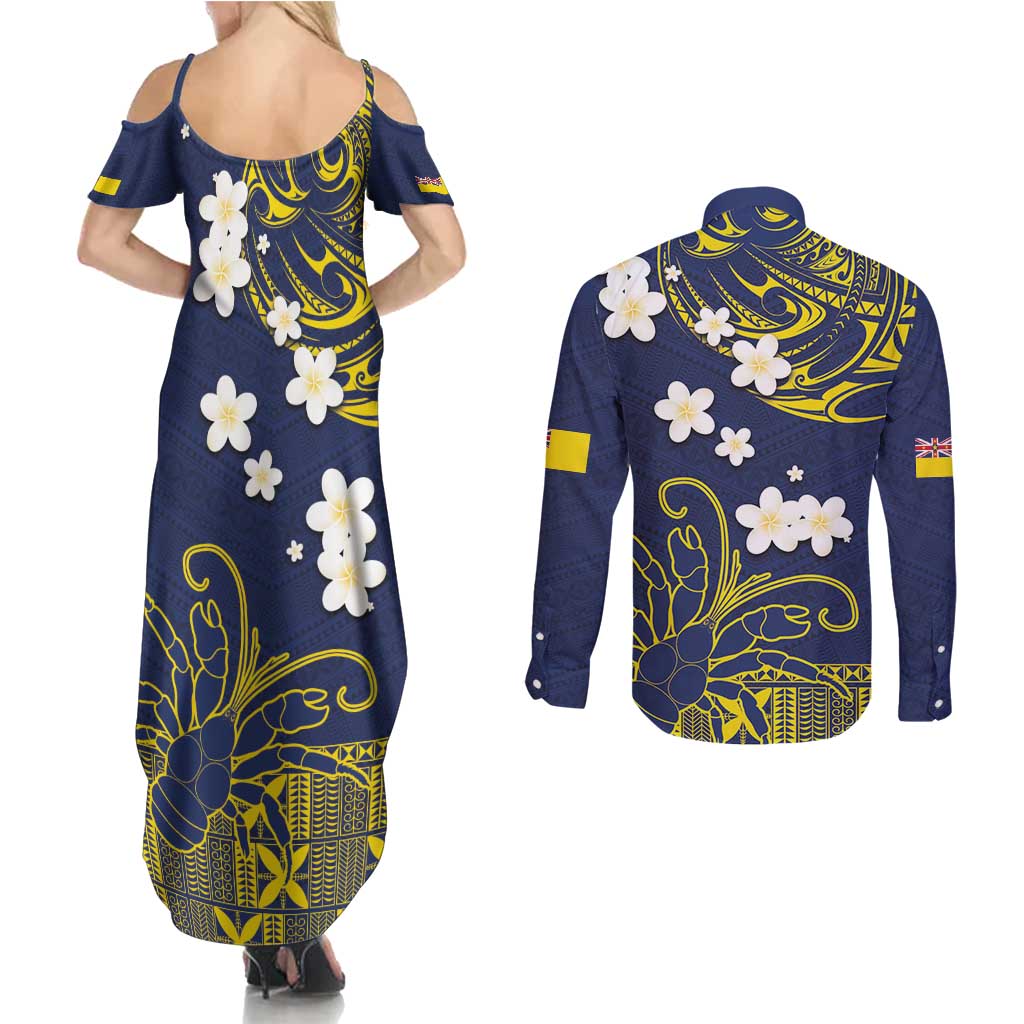 Niue Independence Day Couples Matching Summer Maxi Dress and Long Sleeve Button Shirt Hiapo Pattern Fiti Pua and Uga LT03 - Polynesian Pride