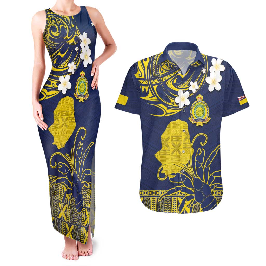 Niue Independence Day Couples Matching Tank Maxi Dress and Hawaiian Shirt Hiapo Pattern Fiti Pua and Uga LT03 Yellow - Polynesian Pride
