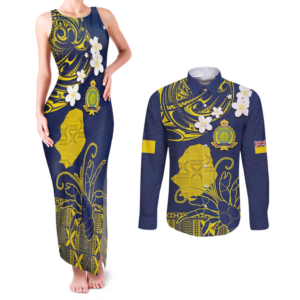 Niue Independence Day Couples Matching Tank Maxi Dress and Long Sleeve Button Shirt Hiapo Pattern Fiti Pua and Uga LT03 Yellow - Polynesian Pride