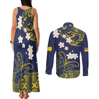 Niue Independence Day Couples Matching Tank Maxi Dress and Long Sleeve Button Shirt Hiapo Pattern Fiti Pua and Uga LT03 - Polynesian Pride