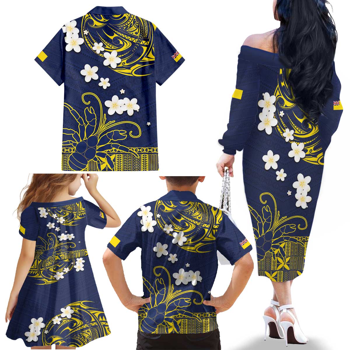 Niue Independence Day Family Matching Off The Shoulder Long Sleeve Dress and Hawaiian Shirt Hiapo Pattern Fiti Pua and Uga LT03 - Polynesian Pride
