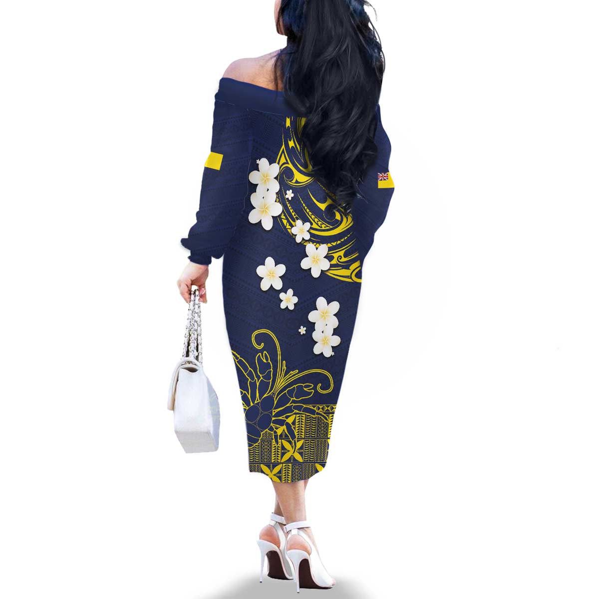 Niue Independence Day Family Matching Off The Shoulder Long Sleeve Dress and Hawaiian Shirt Hiapo Pattern Fiti Pua and Uga LT03 - Polynesian Pride