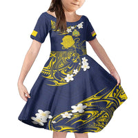 Niue Independence Day Family Matching Off Shoulder Short Dress and Hawaiian Shirt Hiapo Pattern Fiti Pua and Uga LT03 Daughter's Dress Yellow - Polynesian Pride