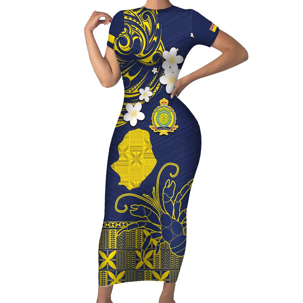 Niue Independence Day Family Matching Short Sleeve Bodycon Dress and Hawaiian Shirt Hiapo Pattern Fiti Pua and Uga LT03 Mom's Dress Yellow - Polynesian Pride