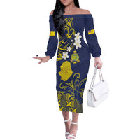 Niue Independence Day Off The Shoulder Long Sleeve Dress Hiapo Pattern Fiti Pua and Uga LT03 Women Yellow - Polynesian Pride