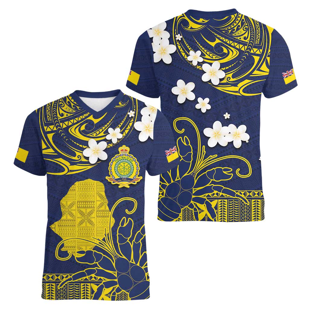 Niue Independence Day Women V-Neck T-Shirt Hiapo Pattern Fiti Pua and Uga LT03 - Polynesian Pride