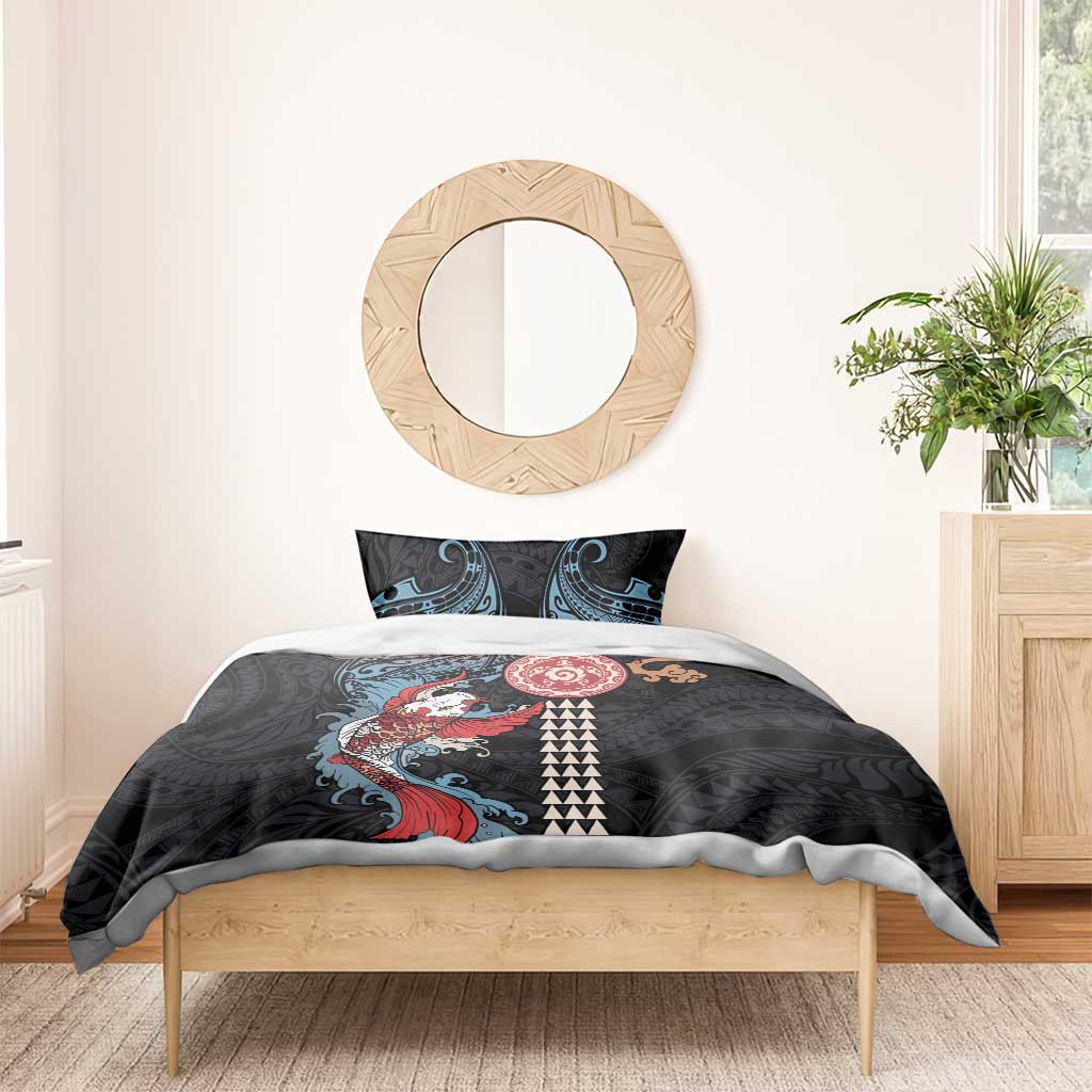 Hawaii and Japanese Together Bedding Set Koi Fish and Kakau Pattern