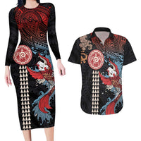 Hawaii and Japanese Together Couples Matching Long Sleeve Bodycon Dress and Hawaiian Shirt Koi Fish and Kakau Pattern LT03 Black - Polynesian Pride