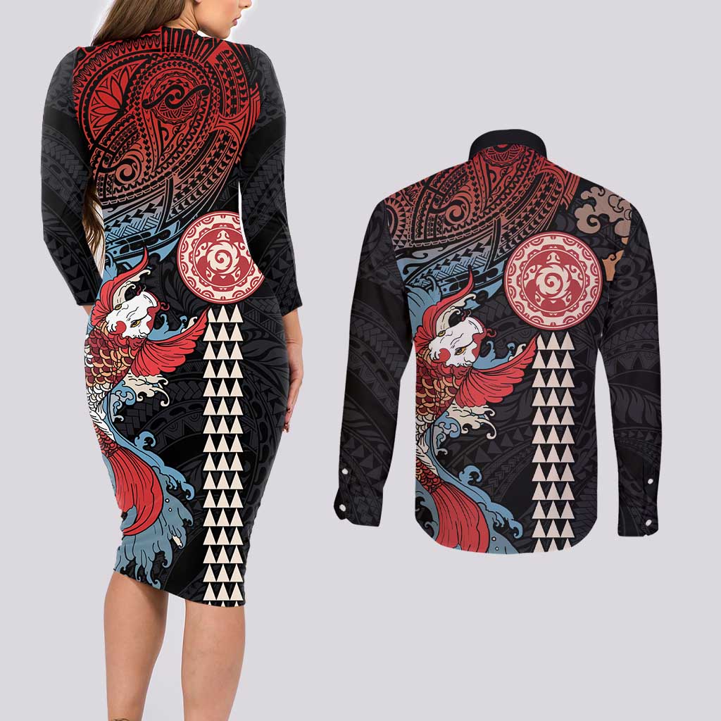 Hawaii and Japanese Together Couples Matching Long Sleeve Bodycon Dress and Long Sleeve Button Shirt Koi Fish and Kakau Pattern LT03 - Polynesian Pride