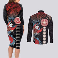 Hawaii and Japanese Together Couples Matching Long Sleeve Bodycon Dress and Long Sleeve Button Shirt Koi Fish and Kakau Pattern LT03 - Polynesian Pride