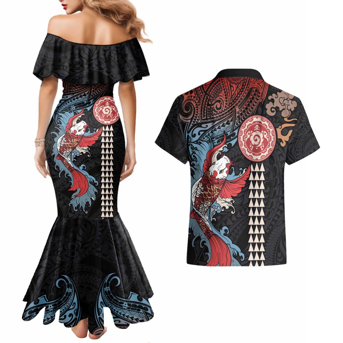 Hawaii and Japanese Together Couples Matching Mermaid Dress and Hawaiian Shirt Koi Fish and Kakau Pattern LT03 - Polynesian Pride