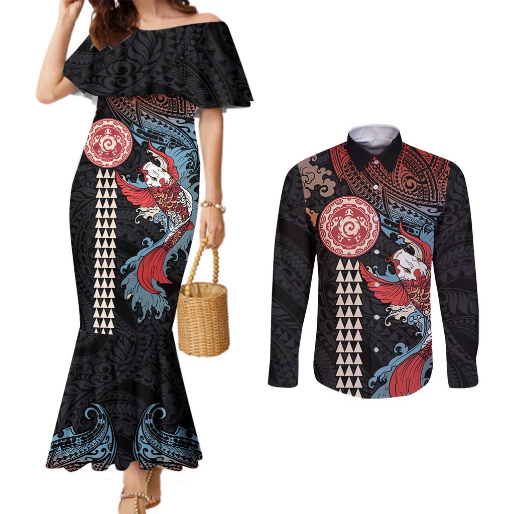 Hawaii and Japanese Together Couples Matching Mermaid Dress and Long Sleeve Button Shirt Koi Fish and Kakau Pattern LT03 Black - Polynesian Pride