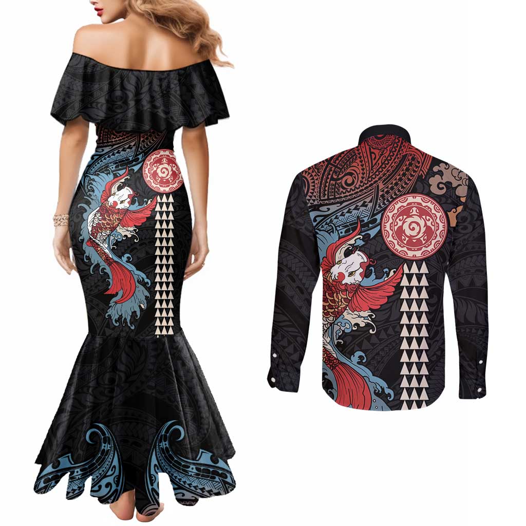 Hawaii and Japanese Together Couples Matching Mermaid Dress and Long Sleeve Button Shirt Koi Fish and Kakau Pattern LT03 - Polynesian Pride