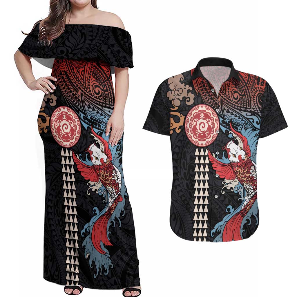 Hawaii and Japanese Together Couples Matching Off Shoulder Maxi Dress and Hawaiian Shirt Koi Fish and Kakau Pattern LT03 Black - Polynesian Pride