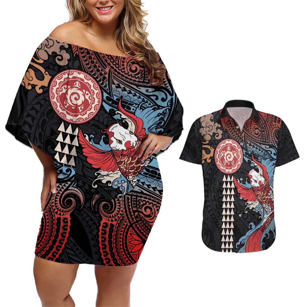 Hawaii and Japanese Together Couples Matching Off Shoulder Short Dress and Hawaiian Shirt Koi Fish and Kakau Pattern LT03 Black - Polynesian Pride