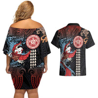 Hawaii and Japanese Together Couples Matching Off Shoulder Short Dress and Hawaiian Shirt Koi Fish and Kakau Pattern LT03 - Polynesian Pride