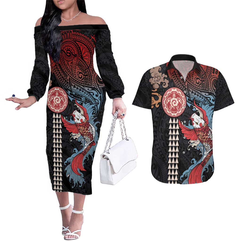 Hawaii and Japanese Together Couples Matching Off The Shoulder Long Sleeve Dress and Hawaiian Shirt Koi Fish and Kakau Pattern LT03 Black - Polynesian Pride