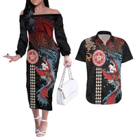 Hawaii and Japanese Together Couples Matching Off The Shoulder Long Sleeve Dress and Hawaiian Shirt Koi Fish and Kakau Pattern LT03 Black - Polynesian Pride