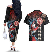 Hawaii and Japanese Together Couples Matching Off The Shoulder Long Sleeve Dress and Hawaiian Shirt Koi Fish and Kakau Pattern LT03 - Polynesian Pride