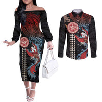 Hawaii and Japanese Together Couples Matching Off The Shoulder Long Sleeve Dress and Long Sleeve Button Shirt Koi Fish and Kakau Pattern LT03 Black - Polynesian Pride