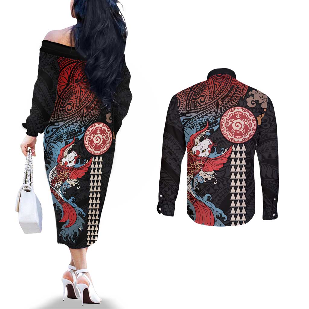 Hawaii and Japanese Together Couples Matching Off The Shoulder Long Sleeve Dress and Long Sleeve Button Shirt Koi Fish and Kakau Pattern LT03 - Polynesian Pride
