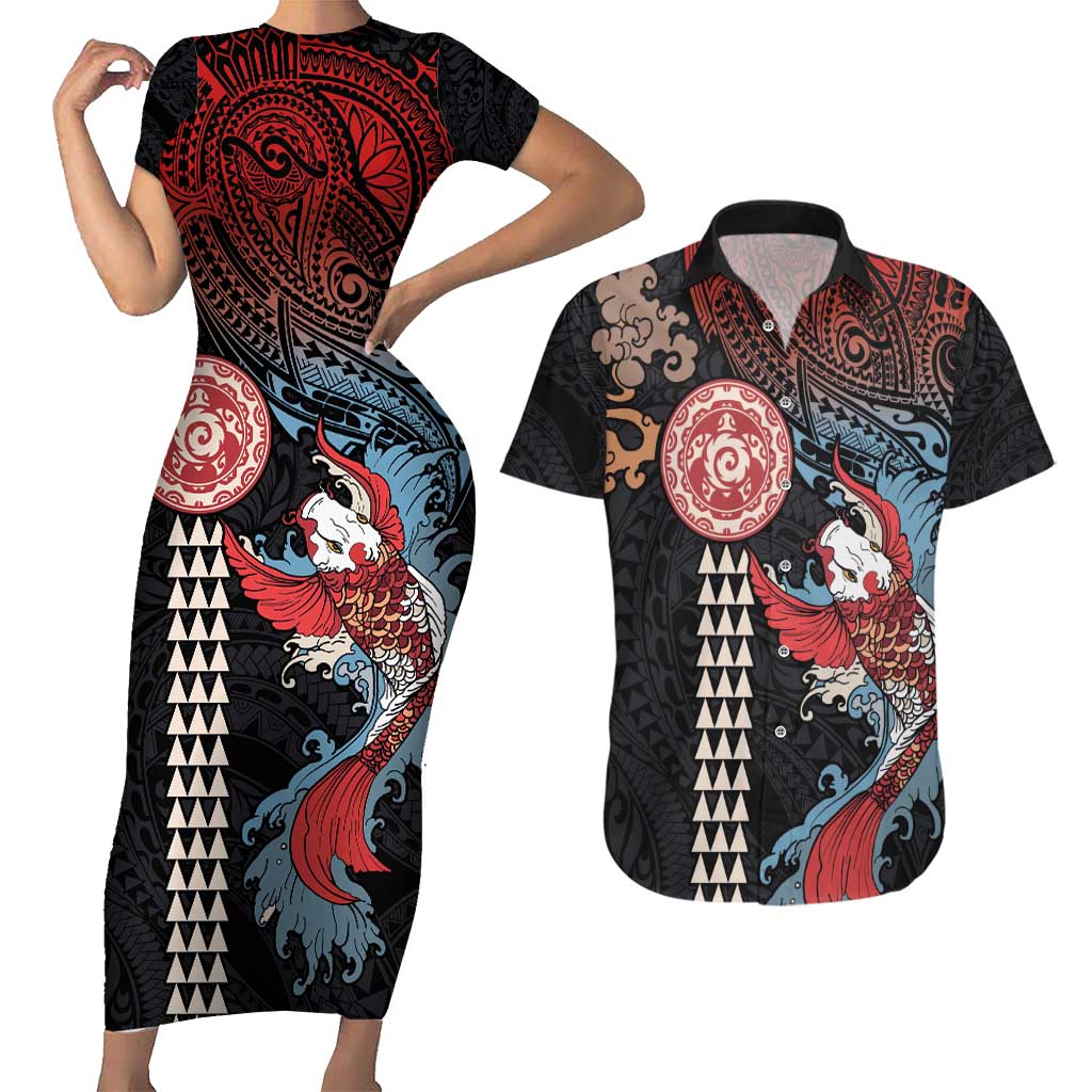 Hawaii and Japanese Together Couples Matching Short Sleeve Bodycon Dress and Hawaiian Shirt Koi Fish and Kakau Pattern LT03 Black - Polynesian Pride