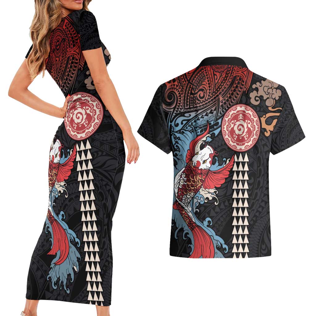 Hawaii and Japanese Together Couples Matching Short Sleeve Bodycon Dress and Hawaiian Shirt Koi Fish and Kakau Pattern LT03 - Polynesian Pride