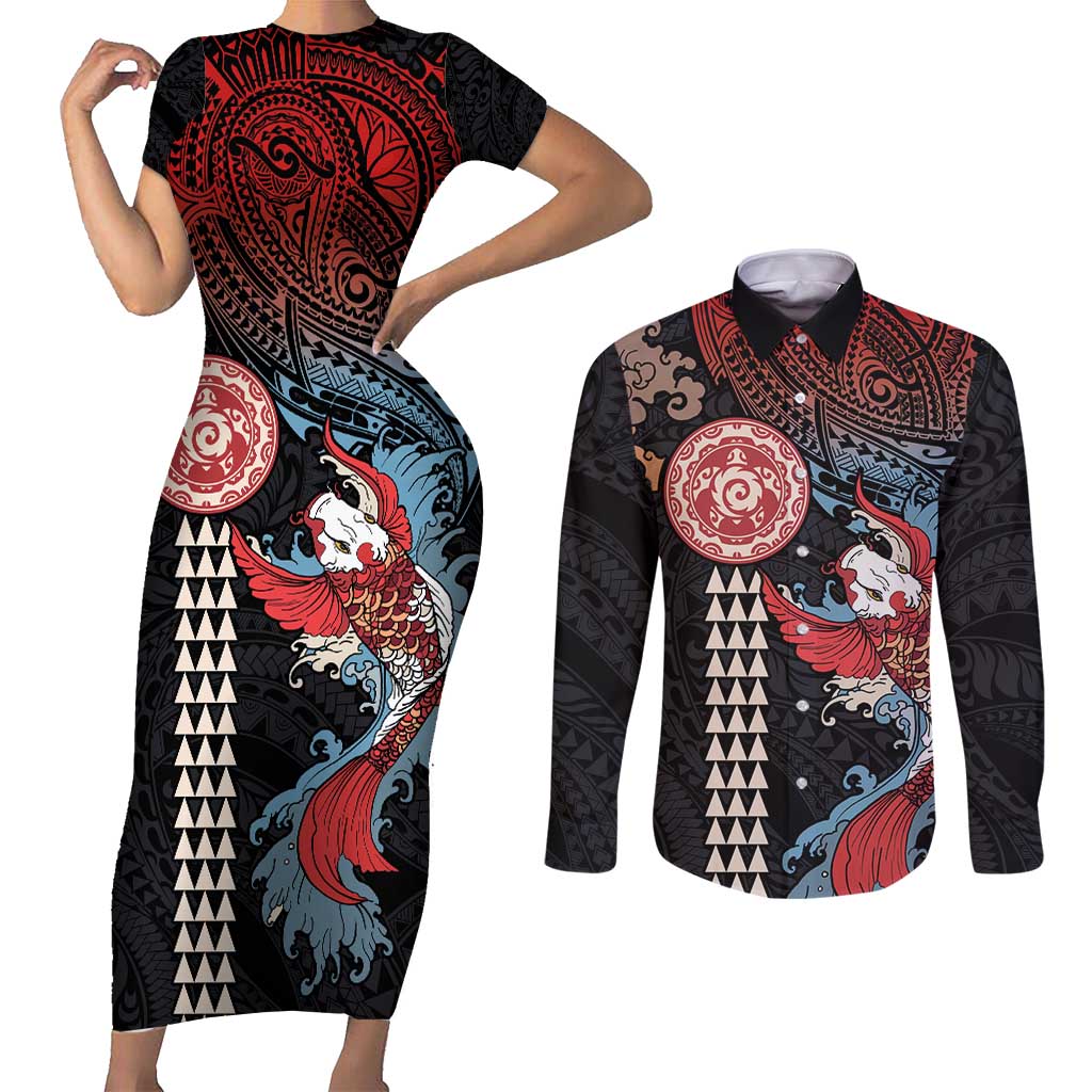 Hawaii and Japanese Together Couples Matching Short Sleeve Bodycon Dress and Long Sleeve Button Shirt Koi Fish and Kakau Pattern LT03 Black - Polynesian Pride