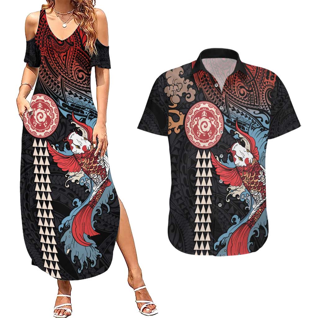 Hawaii and Japanese Together Couples Matching Summer Maxi Dress and Hawaiian Shirt Koi Fish and Kakau Pattern LT03 Black - Polynesian Pride
