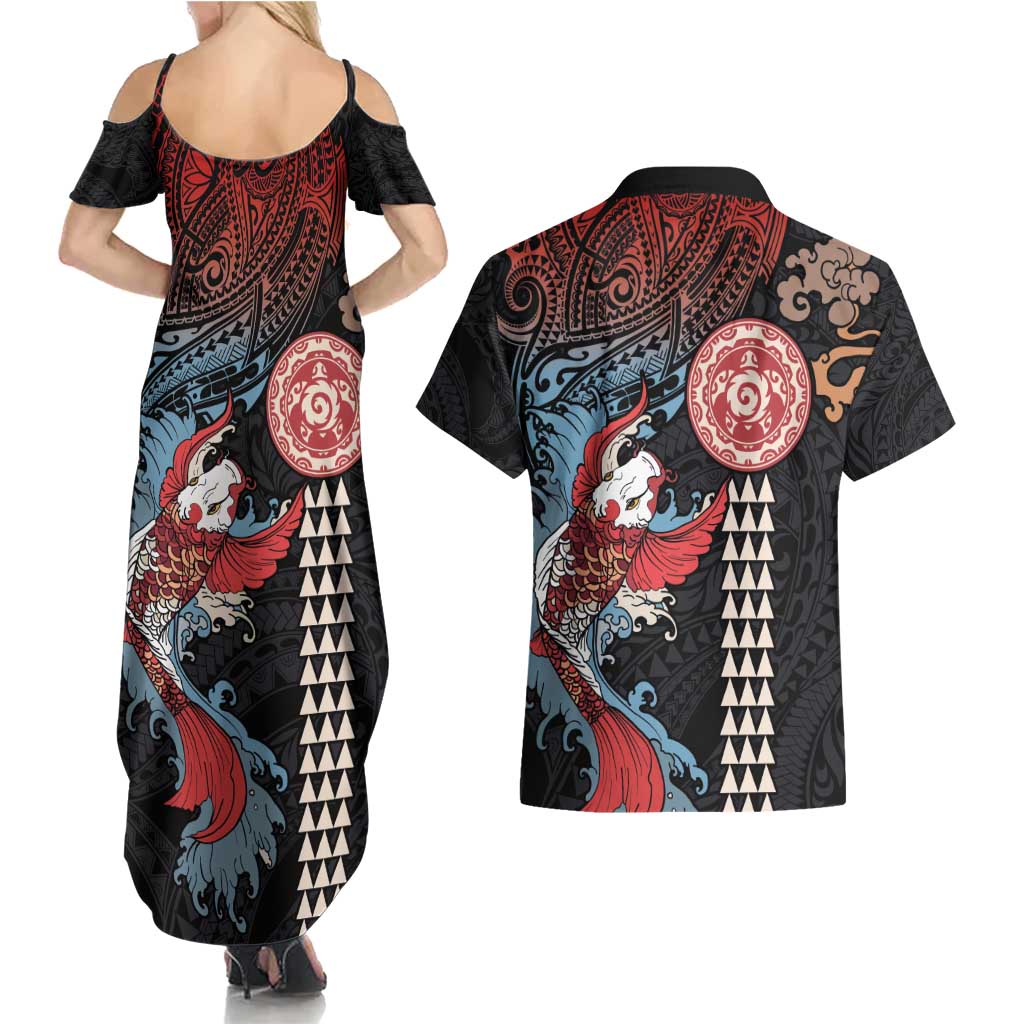 Hawaii and Japanese Together Couples Matching Summer Maxi Dress and Hawaiian Shirt Koi Fish and Kakau Pattern LT03 - Polynesian Pride