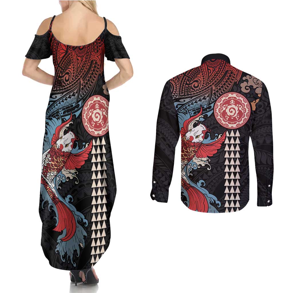 Hawaii and Japanese Together Couples Matching Summer Maxi Dress and Long Sleeve Button Shirt Koi Fish and Kakau Pattern