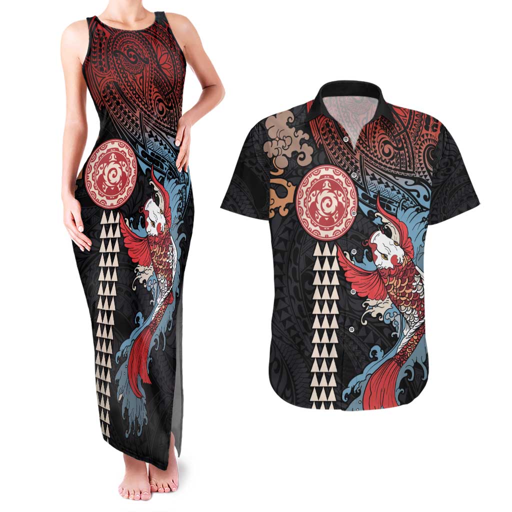 Hawaii and Japanese Together Couples Matching Tank Maxi Dress and Hawaiian Shirt Koi Fish and Kakau Pattern LT03 Black - Polynesian Pride
