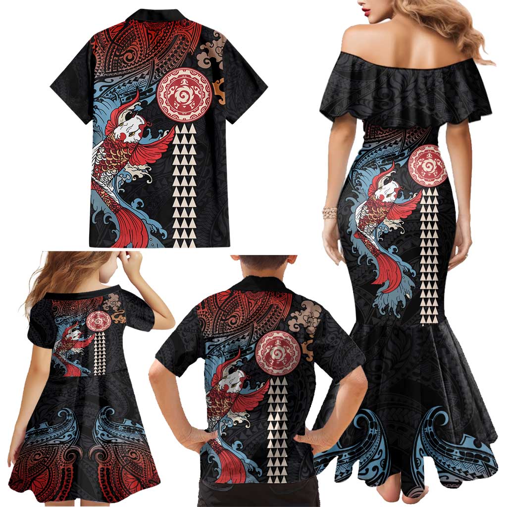 Hawaii and Japanese Together Family Matching Mermaid Dress and Hawaiian Shirt Koi Fish and Kakau Pattern LT03 - Polynesian Pride