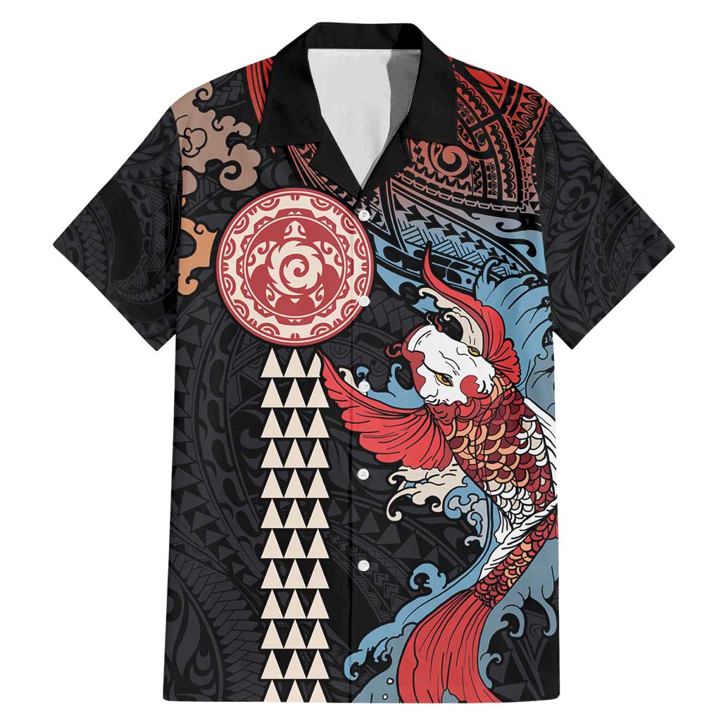 Hawaii and Japanese Together Family Matching Mermaid Dress and Hawaiian Shirt Koi Fish and Kakau Pattern LT03 Dad's Shirt - Short Sleeve Black - Polynesian Pride