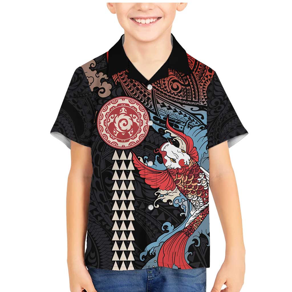 Hawaii and Japanese Together Family Matching Mermaid Dress and Hawaiian Shirt Koi Fish and Kakau Pattern LT03 Son's Shirt Black - Polynesian Pride