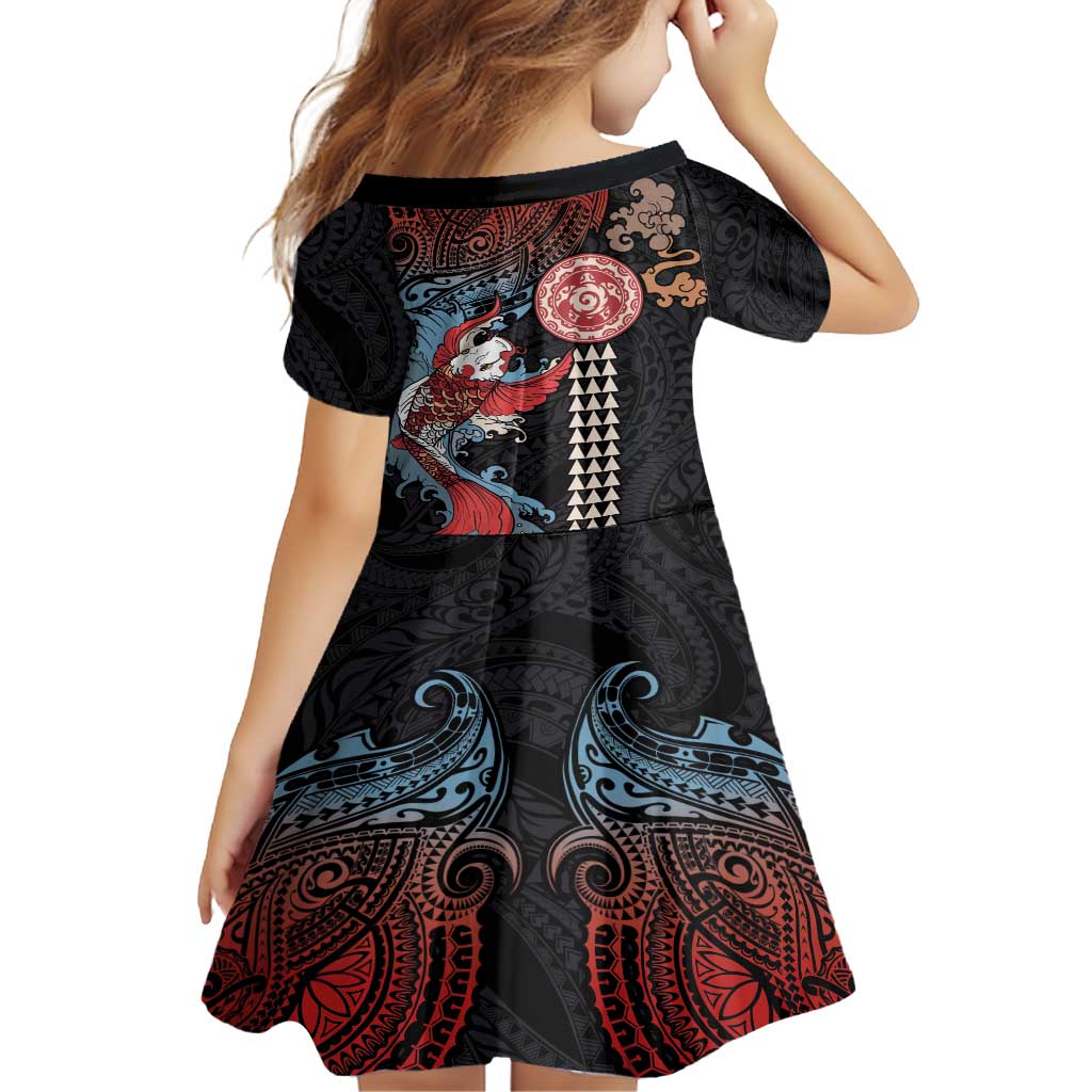 Hawaii and Japanese Together Family Matching Off Shoulder Maxi Dress and Hawaiian Shirt Koi Fish and Kakau Pattern LT03 - Polynesian Pride