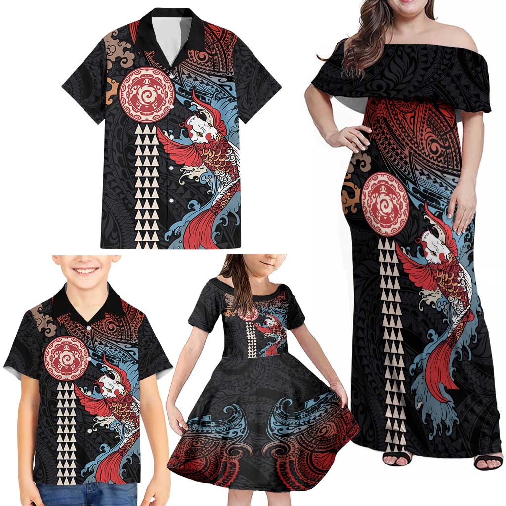 Hawaii and Japanese Together Family Matching Off Shoulder Maxi Dress and Hawaiian Shirt Koi Fish and Kakau Pattern LT03 - Polynesian Pride