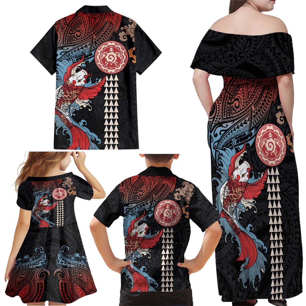 Hawaii and Japanese Together Family Matching Off Shoulder Maxi Dress and Hawaiian Shirt Koi Fish and Kakau Pattern LT03 - Polynesian Pride