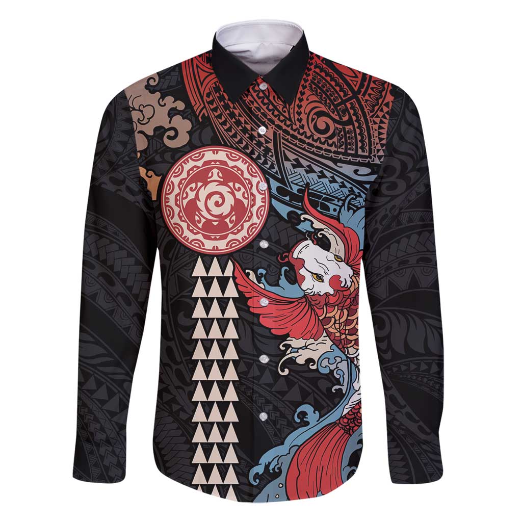 Hawaii and Japanese Together Family Matching Off Shoulder Maxi Dress and Hawaiian Shirt Koi Fish and Kakau Pattern LT03 Dad's Shirt - Long Sleeve Black - Polynesian Pride