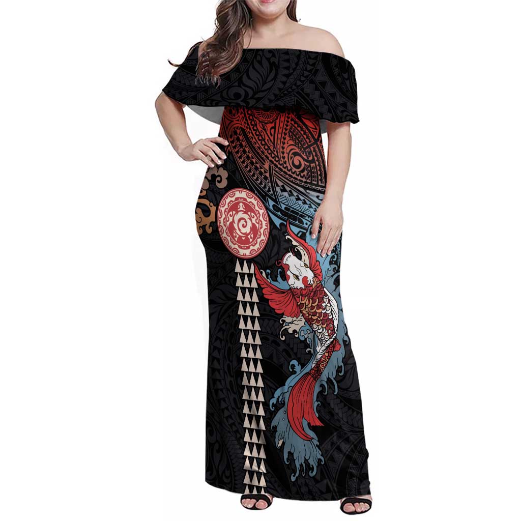 Hawaii and Japanese Together Family Matching Off Shoulder Maxi Dress and Hawaiian Shirt Koi Fish and Kakau Pattern LT03 Mom's Dress Black - Polynesian Pride