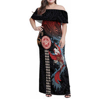 Hawaii and Japanese Together Family Matching Off Shoulder Maxi Dress and Hawaiian Shirt Koi Fish and Kakau Pattern LT03 Mom's Dress Black - Polynesian Pride
