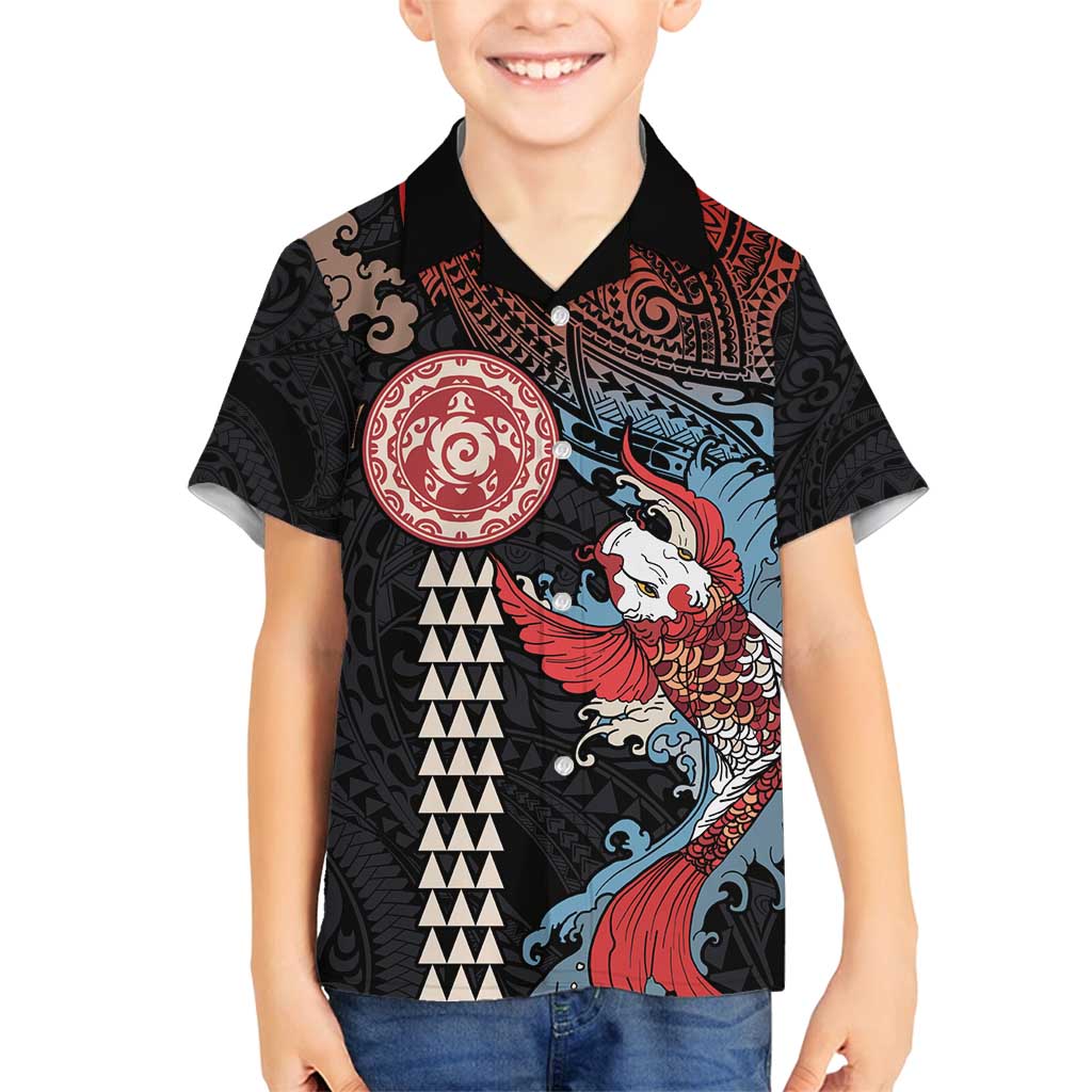 Hawaii and Japanese Together Family Matching Off Shoulder Maxi Dress and Hawaiian Shirt Koi Fish and Kakau Pattern LT03 Son's Shirt Black - Polynesian Pride