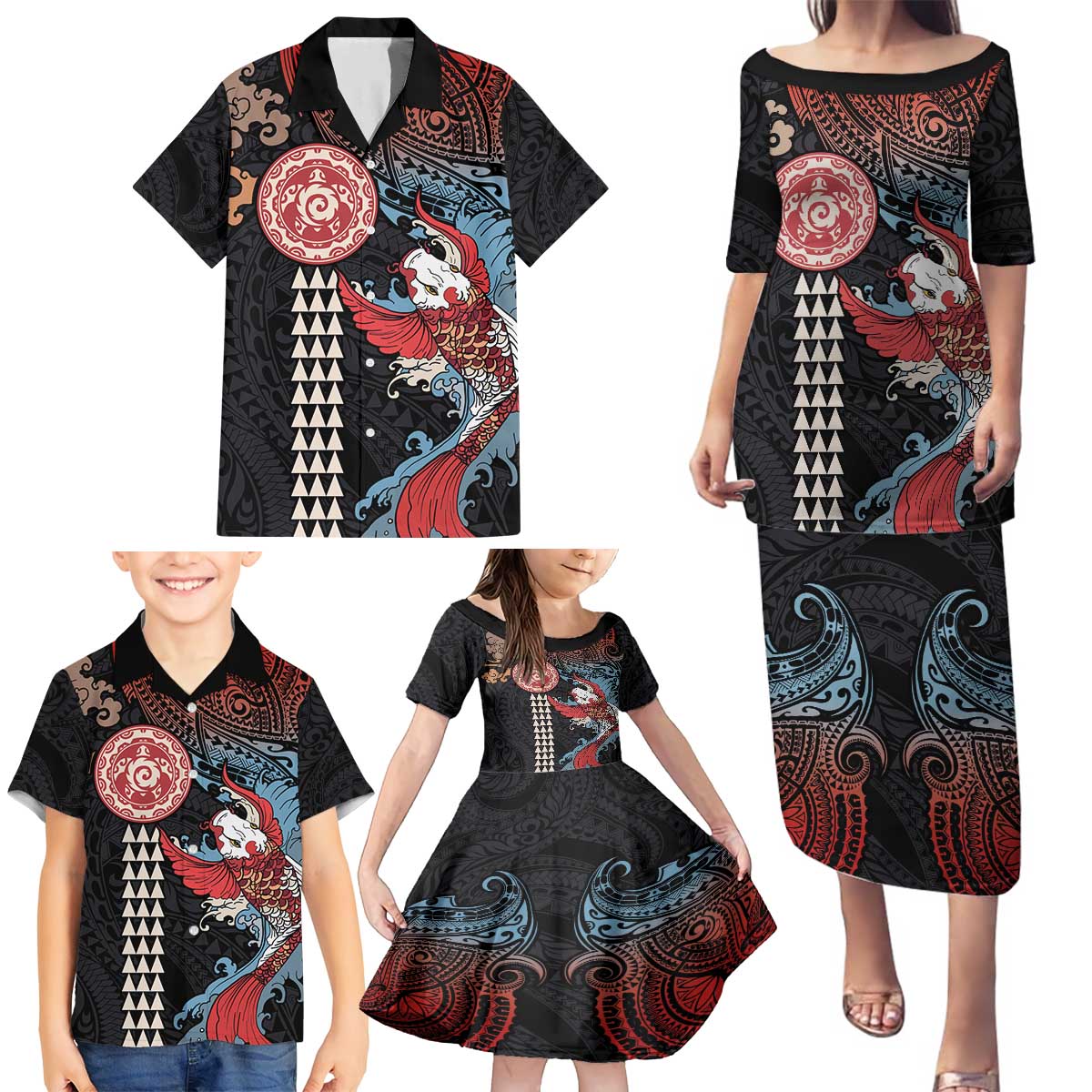 Hawaii and Japanese Together Family Matching Puletasi and Hawaiian Shirt Koi Fish and Kakau Pattern LT03 - Polynesian Pride