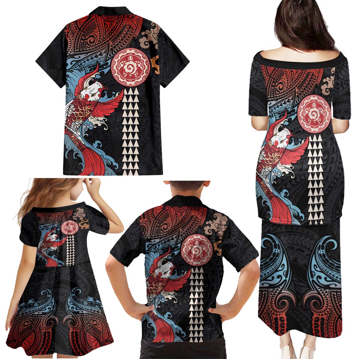 Hawaii and Japanese Together Family Matching Puletasi and Hawaiian Shirt Koi Fish and Kakau Pattern LT03 - Polynesian Pride