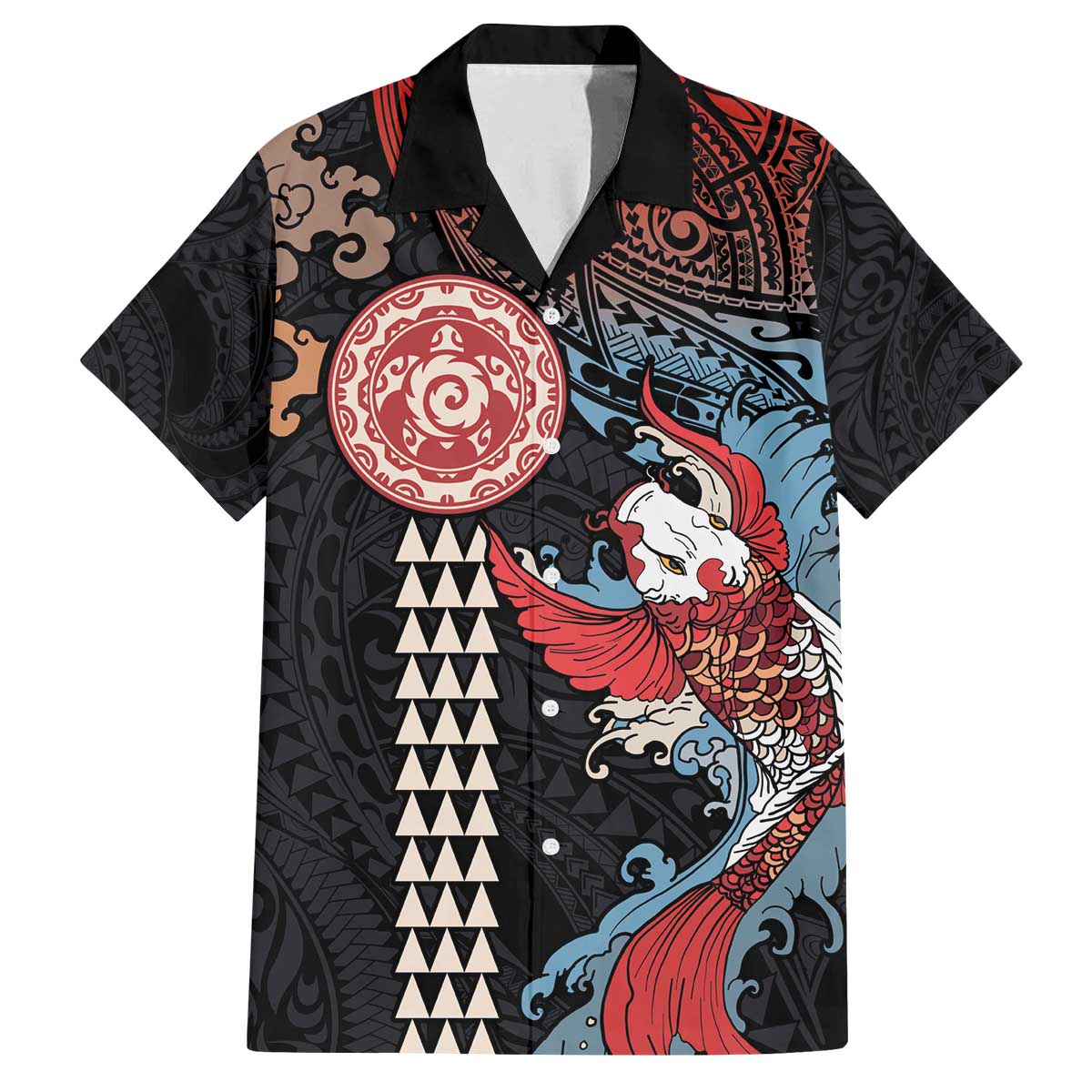 Hawaii and Japanese Together Family Matching Puletasi and Hawaiian Shirt Koi Fish and Kakau Pattern LT03 Dad's Shirt - Short Sleeve Black - Polynesian Pride
