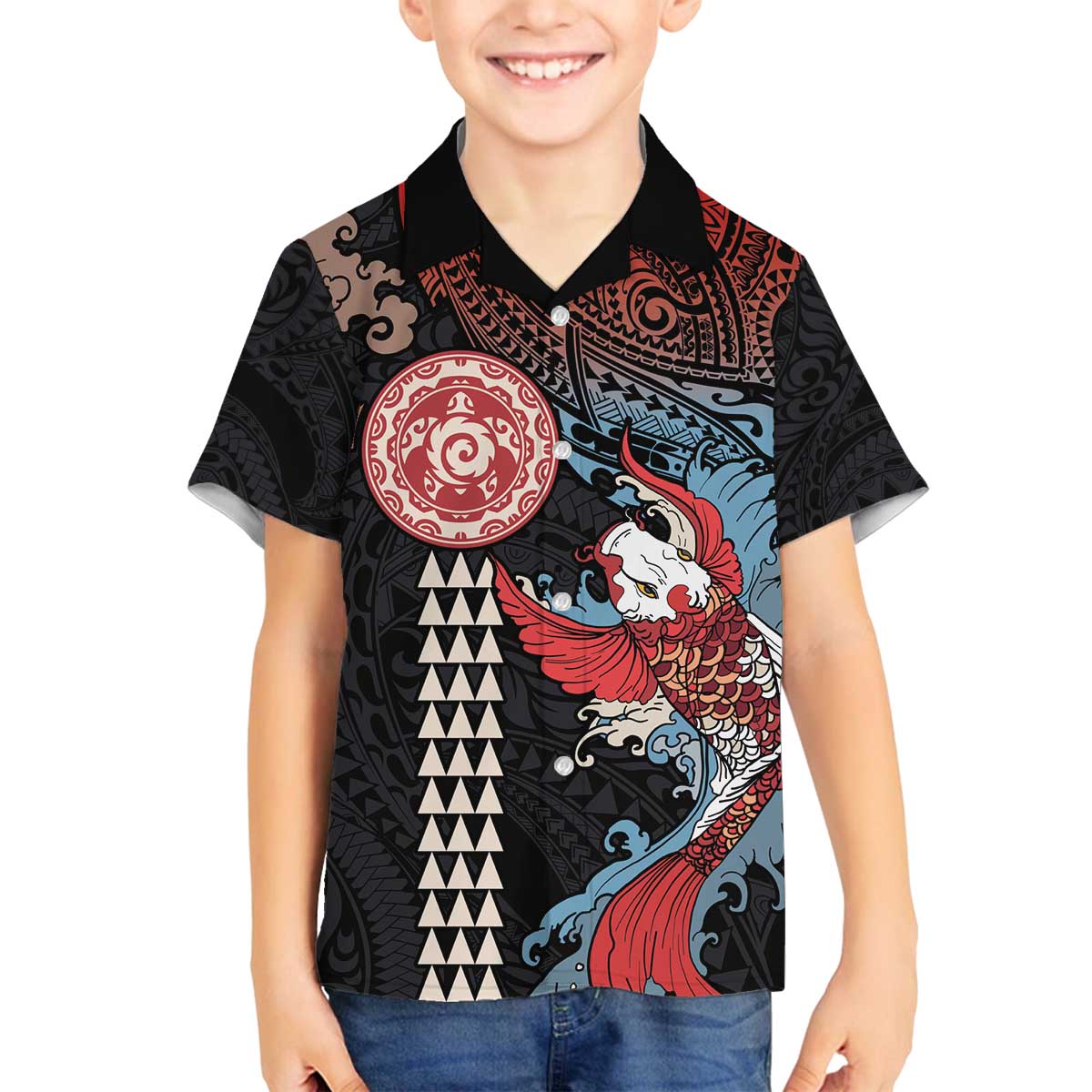 Hawaii and Japanese Together Family Matching Puletasi and Hawaiian Shirt Koi Fish and Kakau Pattern LT03 Son's Shirt Black - Polynesian Pride
