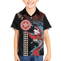Hawaii and Japanese Together Family Matching Puletasi and Hawaiian Shirt Koi Fish and Kakau Pattern LT03 Son's Shirt Black - Polynesian Pride