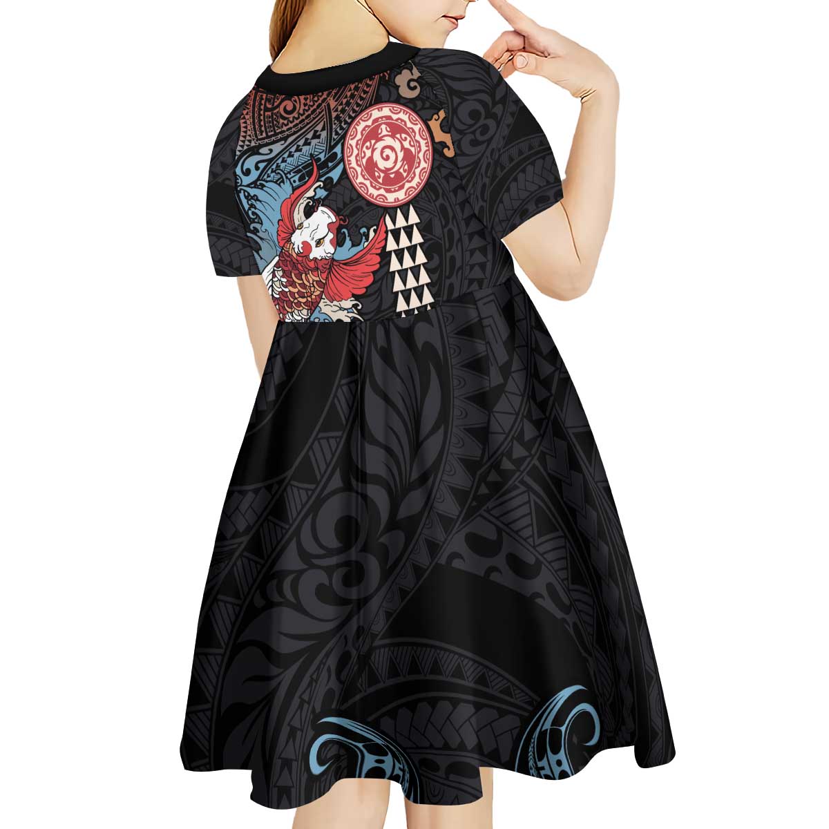Hawaii and Japanese Together Kid Short Sleeve Dress Koi Fish and Kakau Pattern
