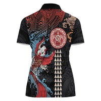 Hawaii and Japanese Together Women Polo Shirt Koi Fish and Kakau Pattern